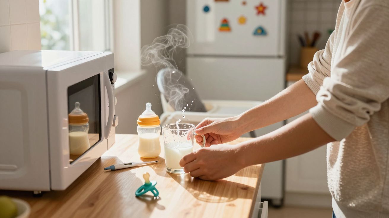 Pessoa segurando copo com leite quente ao lado de micro-ondas, mamadeira, chupeta e termômetro sobre bancada.