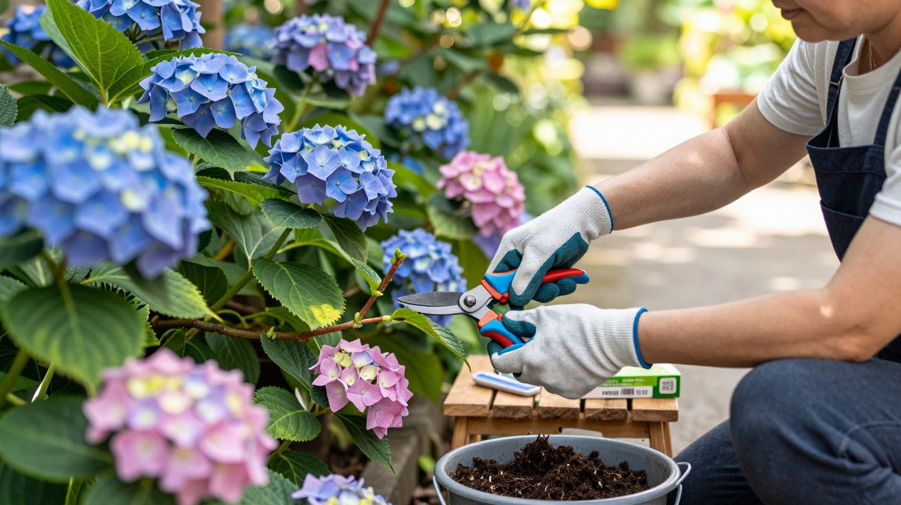 Pessoa podando flores de hortênsia azuis e rosas com tesoura de poda em jardim ensolarado.
