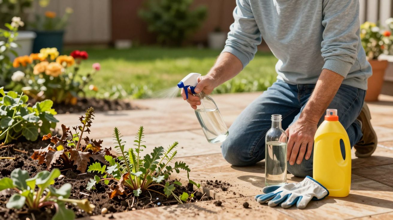 Pessoa regando plantas em canteiro com borrifador, luvas de jardinagem e produtos ao lado no chão.