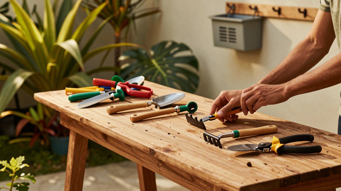 Pessoa organizando ferramentas de jardinagem sobre bancada de madeira em área externa com plantas.