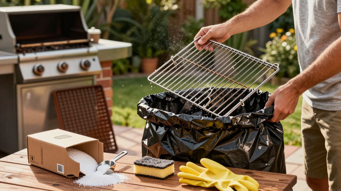 Pessoa descartando grade de churrasqueira usada em saco de lixo preto em área externa de casa.