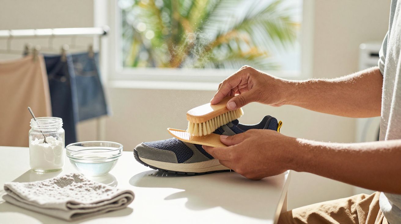 Pessoa limpando tênis com escova em mesa branca com produtos de limpeza ao lado, janela e plantas ao fundo.