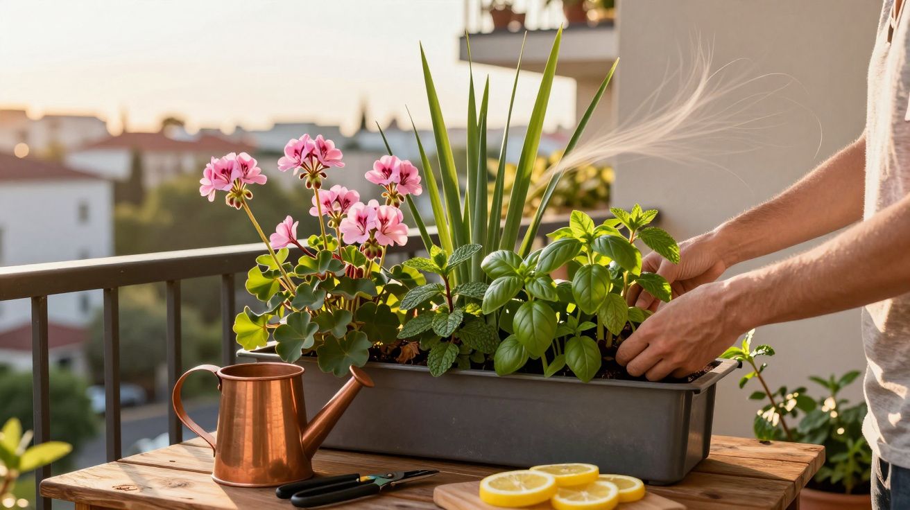 Pessoa cuidando de plantas em vaso na varanda ao pôr do sol, ao lado de regador e rodelas de limão.