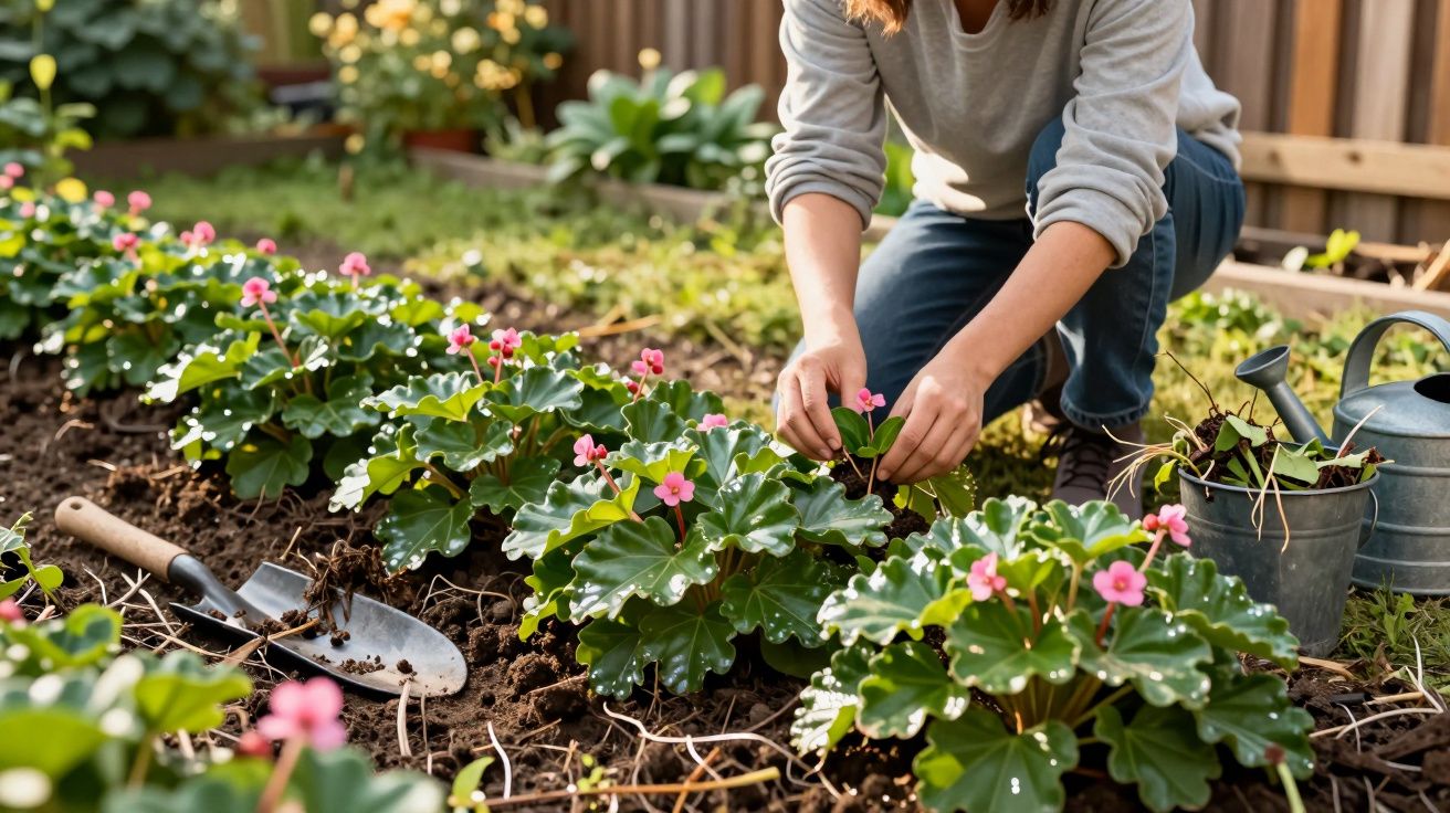 Pessoa cuidando de flores rosas em um jardim com ferramentas de jardinagem e regador ao lado.