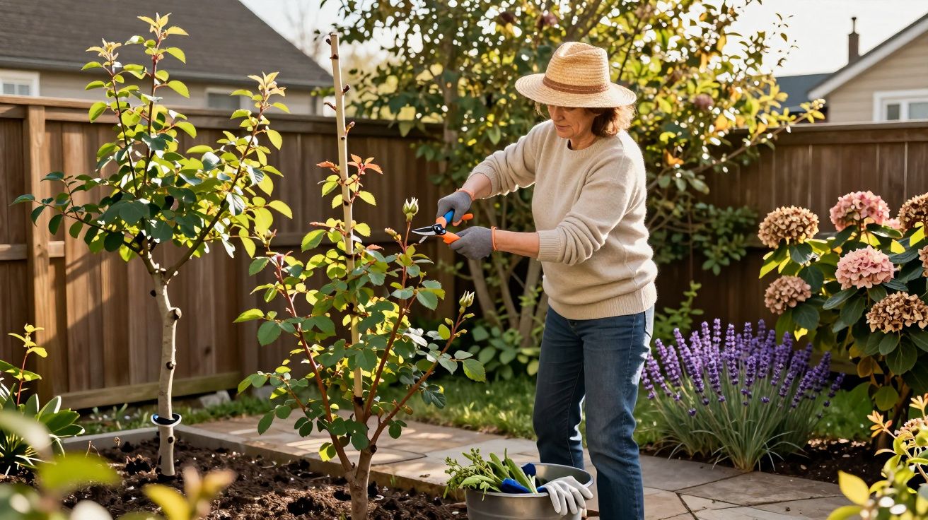 Mulher com chapéu cuidando de plantas em jardim ensolarado, podando arbusto com tesoura de jardim.
