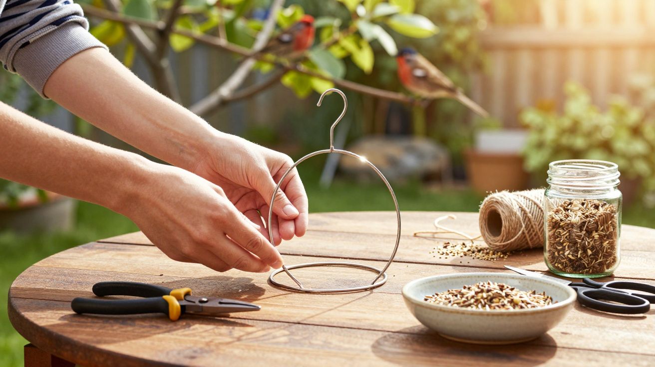 Mãos montando comedouro de pássaros em arame, com sementes, tesoura e corda sobre mesa de madeira.