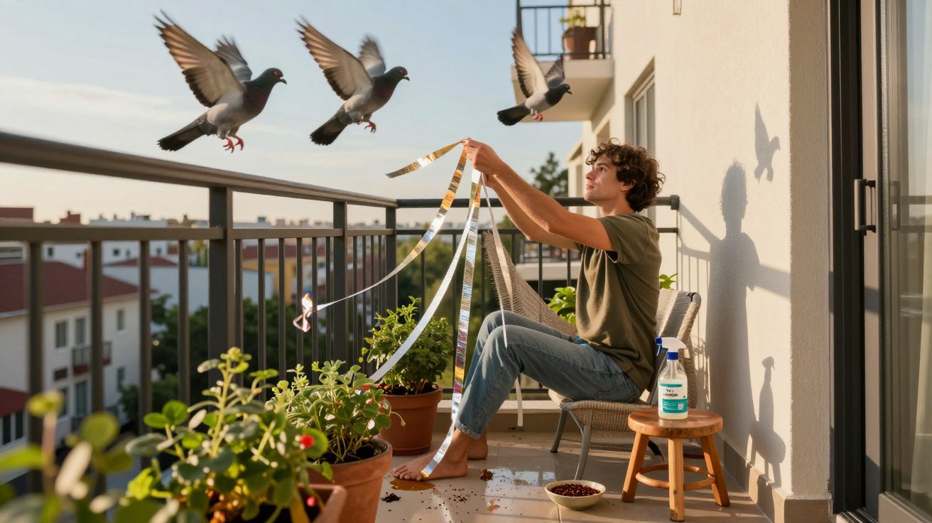 Pessoa sentada em varanda segurando fitas refletoras para afastar pombos, com plantas ao redor.