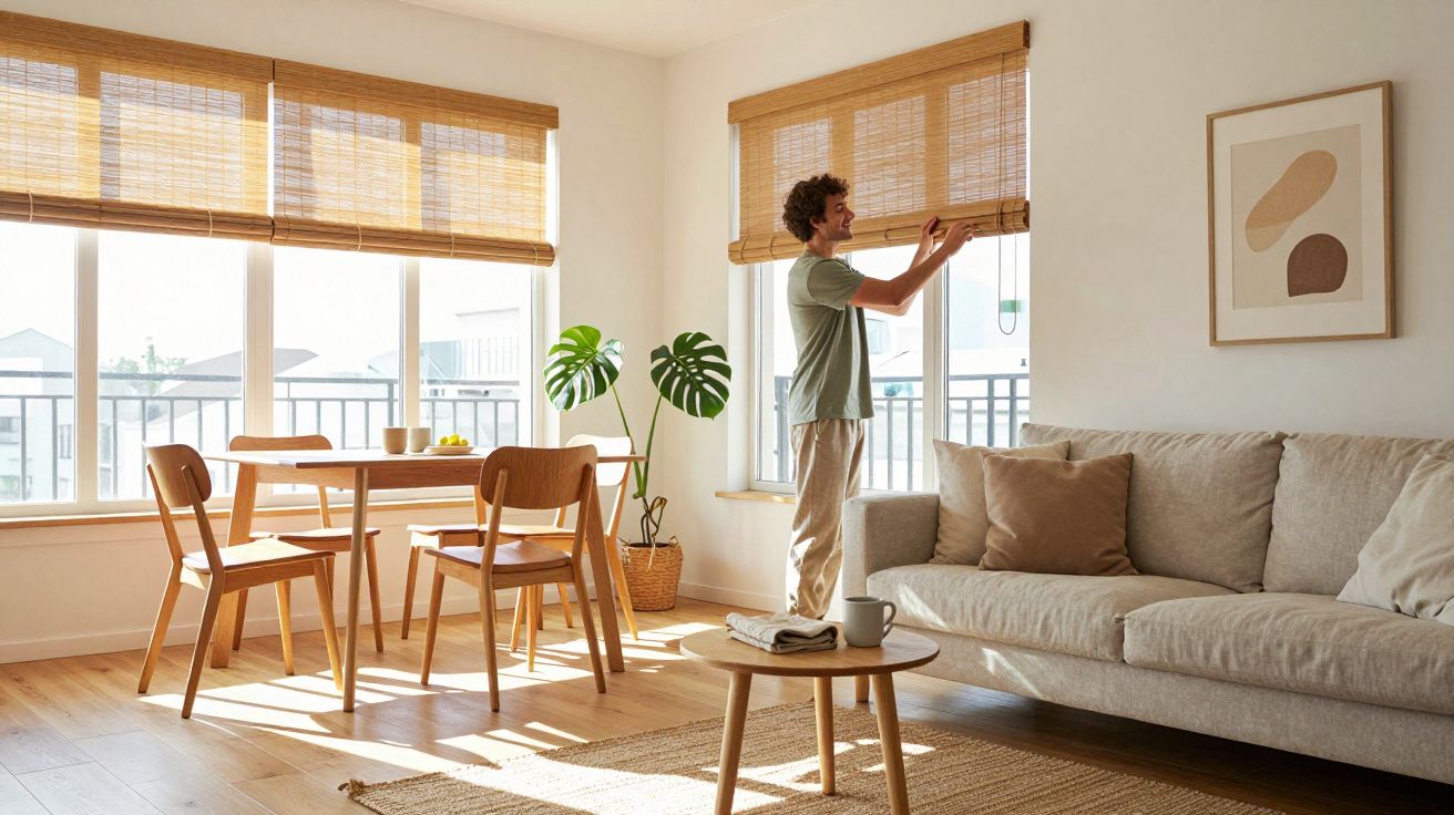 Homem ajusta persiana em sala de estar iluminada, com sofá, mesa de centro e cadeira de madeira.