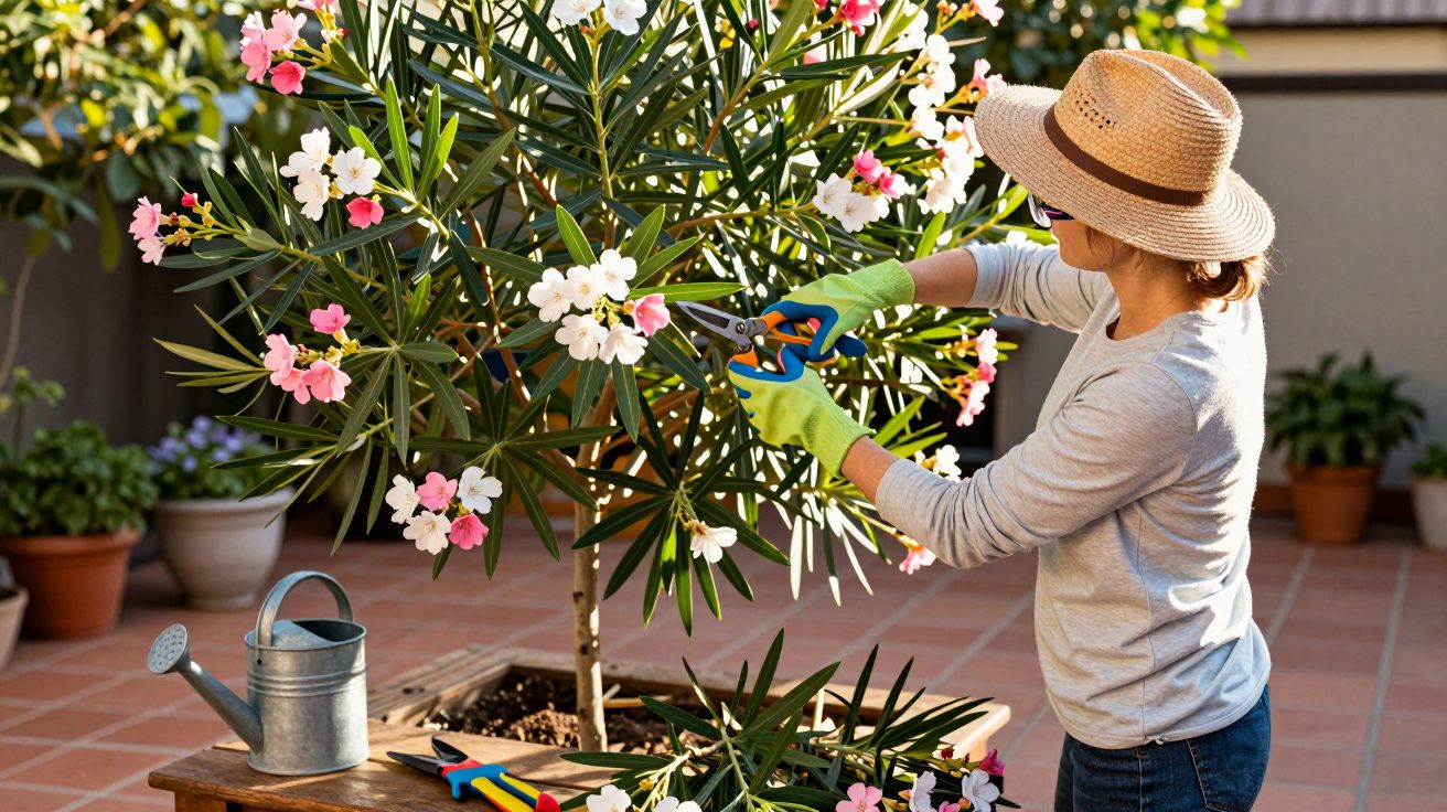 Mulher com chapéu e luvas podando planta florida em vaso no quintal com regador ao lado.