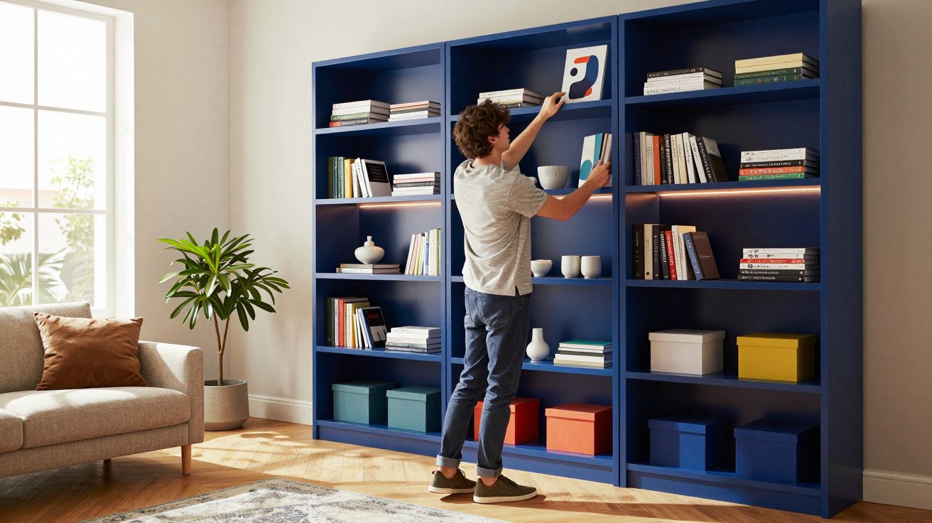 Homem organizando livros em estante azul em sala bem iluminada com sofá e planta perto da janela.