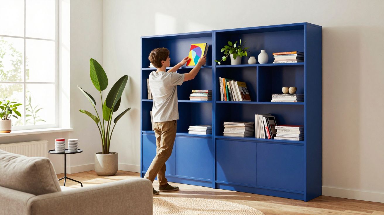 Garoto organizando livro colorido em estante azul na sala clara com plantas e sofá cinza.