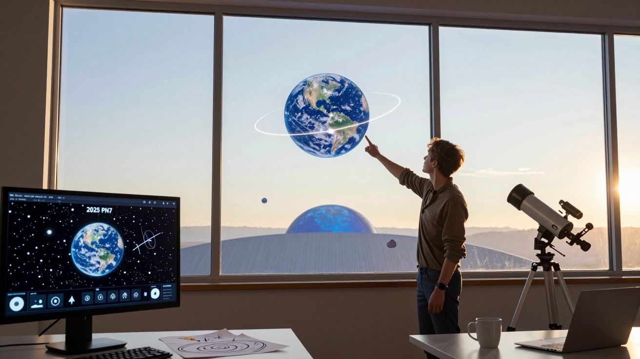 Pessoa interage com projeção digital do planeta Terra através da janela, ao lado de computador e telescópio.