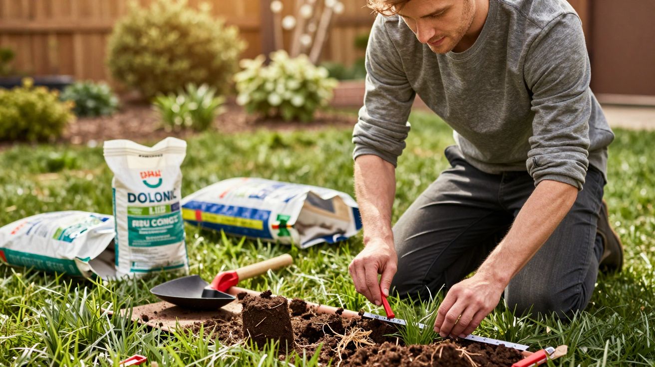 Homem ajoelhado preparando solo para plantio em jardim com ferramentas e sacos de fertilizante ao fundo.