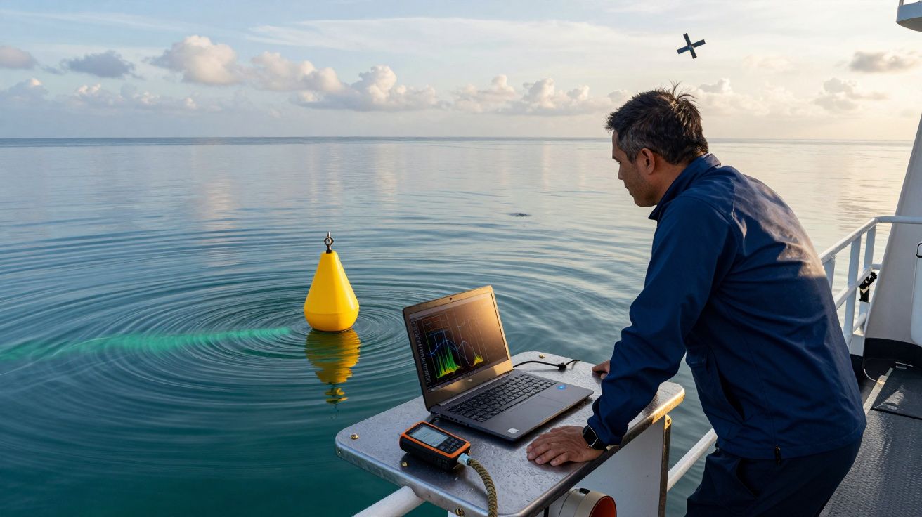 Homem em barco usa laptop para monitorar boia amarela no mar calmo durante o dia.
