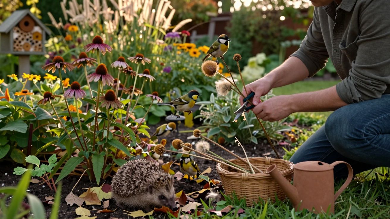 Pessoa cuidando do jardim com pássaros voando e um ouriço caminhando entre flores coloridas.
