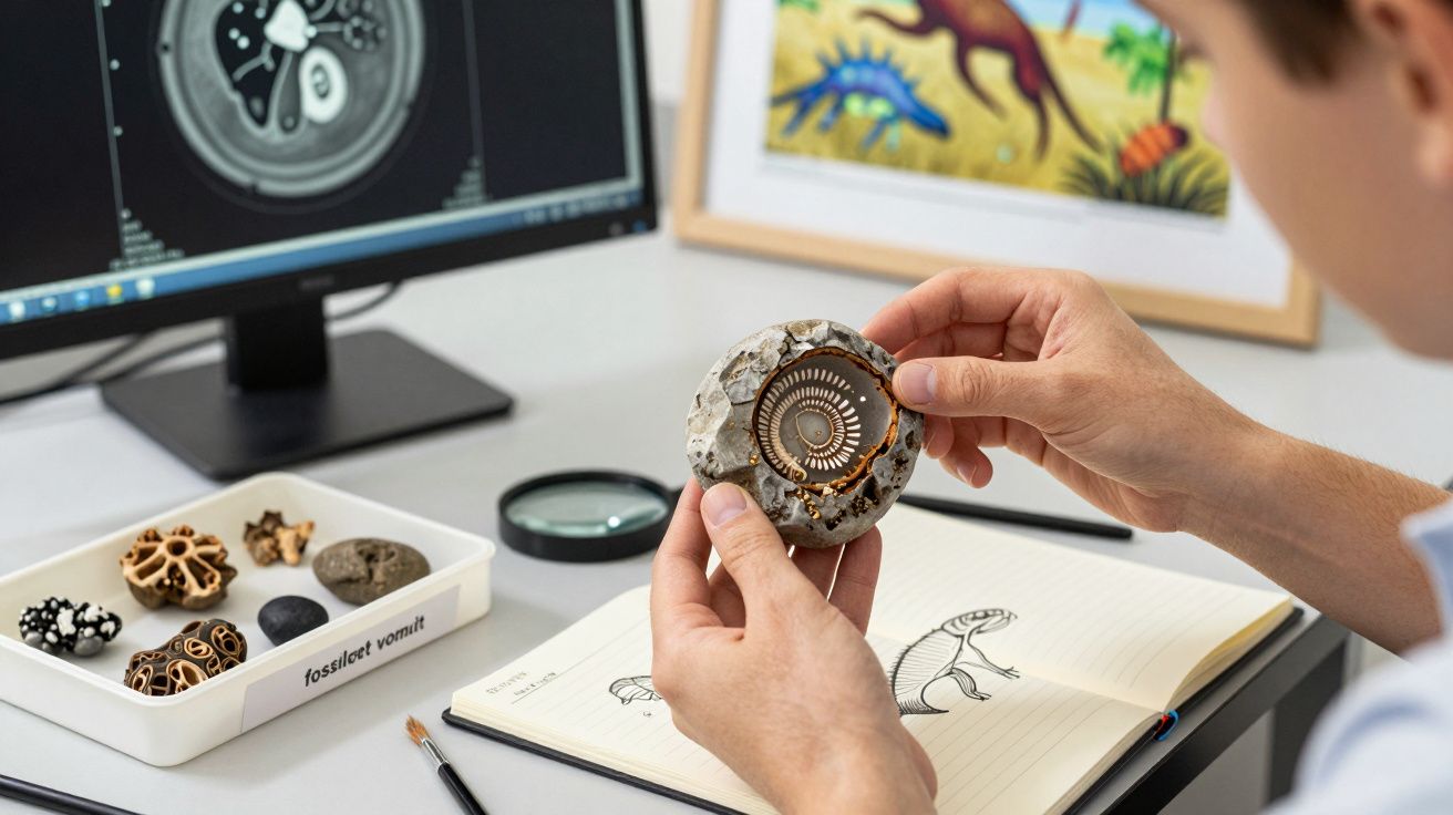 Pessoa segurando fóssil em mesa com amostras, computador e caderno desenhando dinossauros.