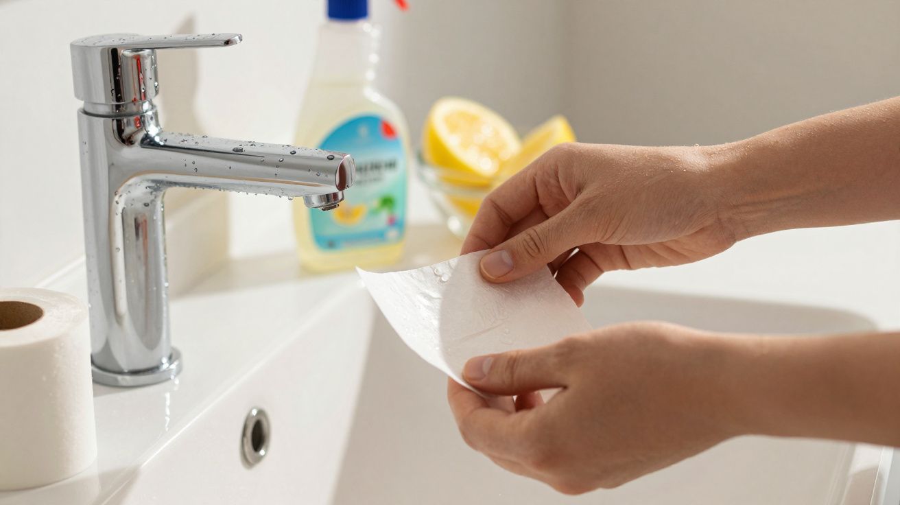 Mãos molhando papel toalha em torneira próxima a pia com rolo de papel e produtos de limpeza ao fundo.