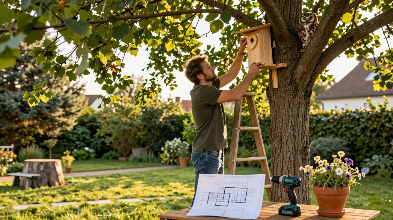 Homem instala casinha para coruja em árvore no jardim durante fim de tarde ensolarado.