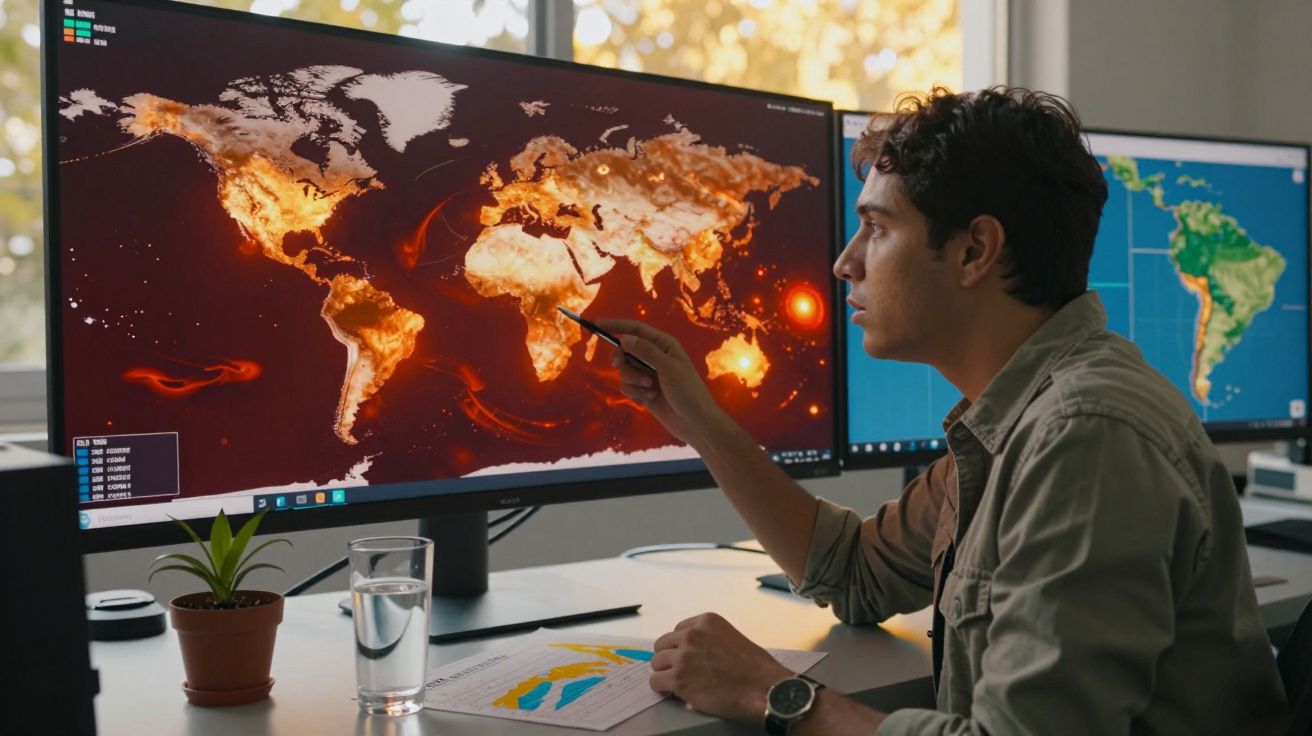 Homem analisando mapa digital de calor global em monitor ultrawide em escritório moderno.