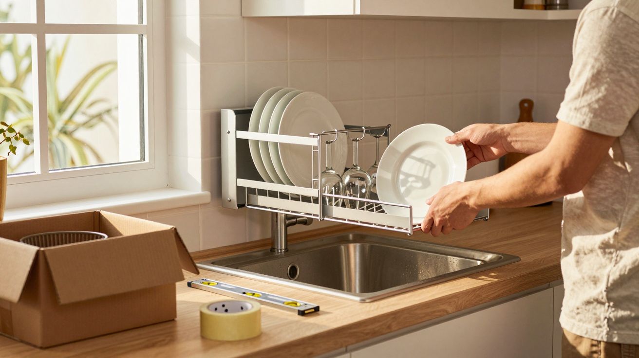 Pessoa organizando pratos em escorredor de louça de parede sobre pia de cozinha.