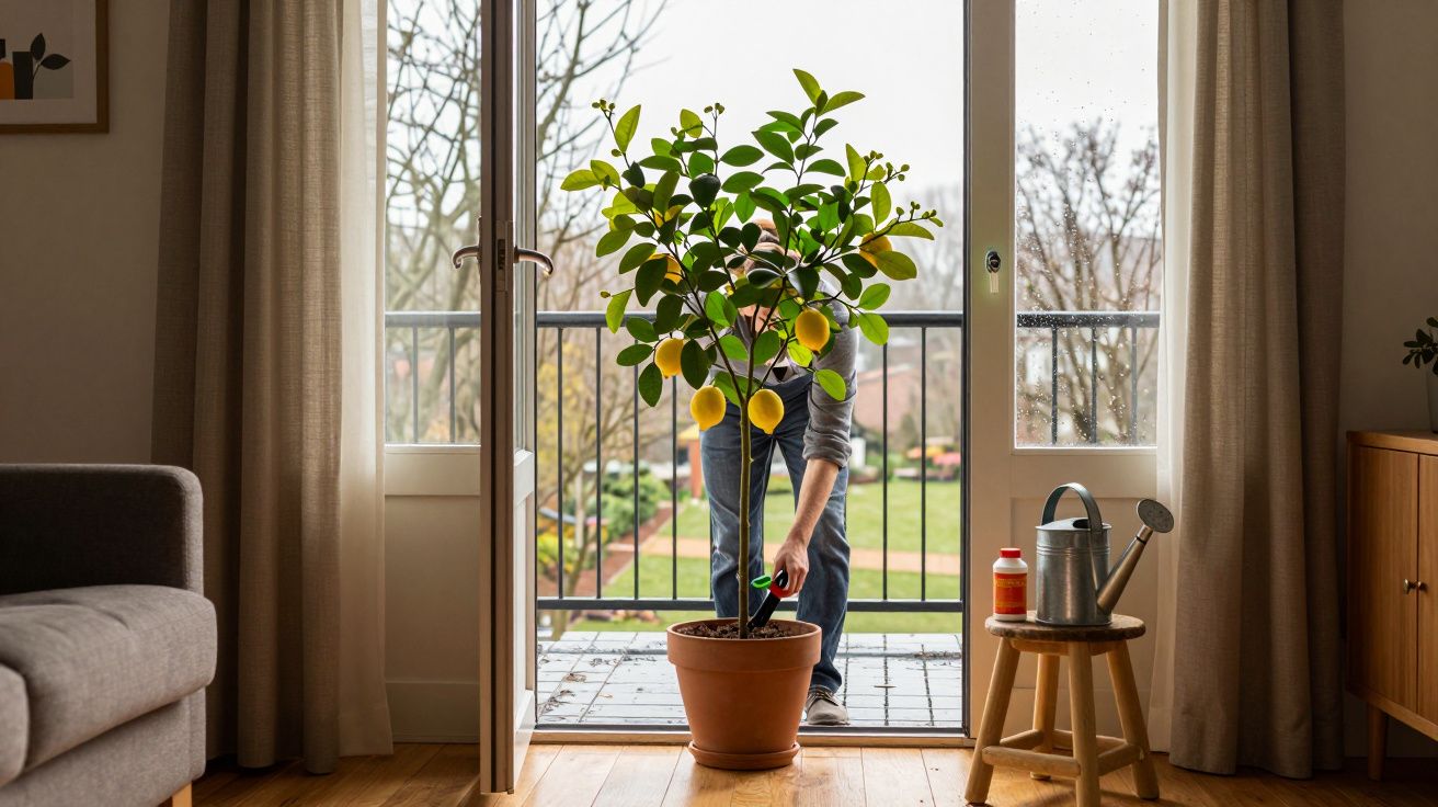 Pessoa cuidando de limoeiro em vaso na varanda de um apartamento com sala iluminada.