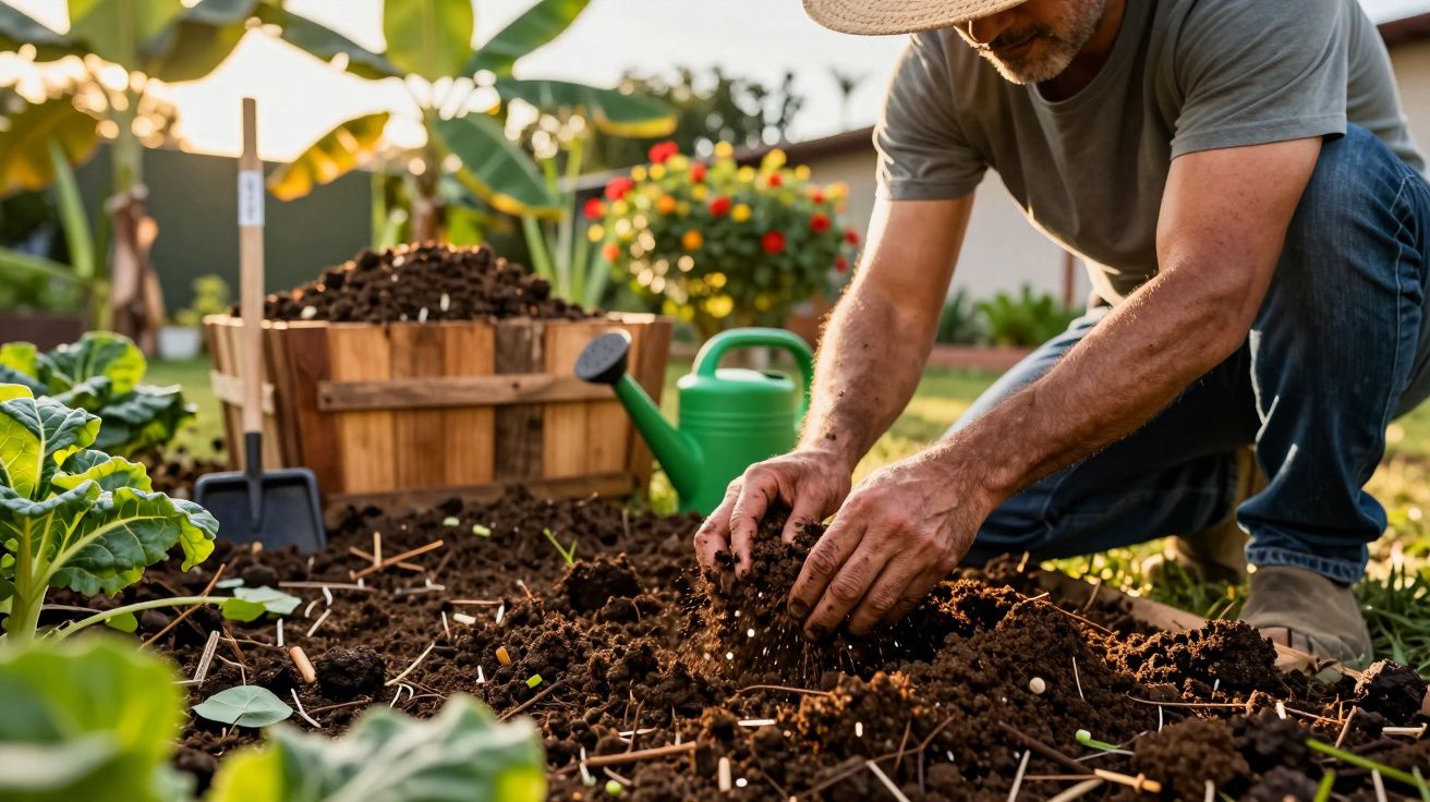 Homem com chapéu cuidando da terra em horta com regador e ferramentas ao fundo.