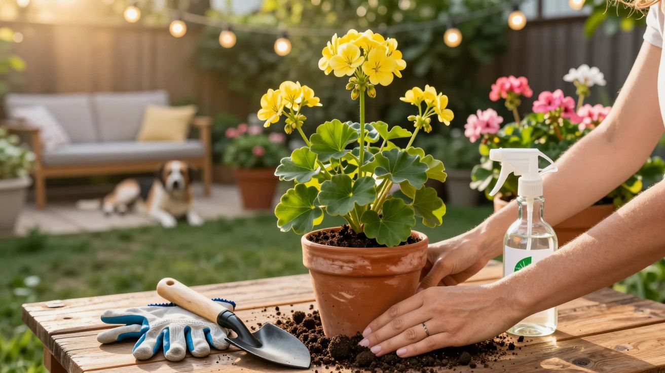 Pessoa cuidando de planta amarela em vaso de barro em mesa de madeira com ferramentas de jardinagem.