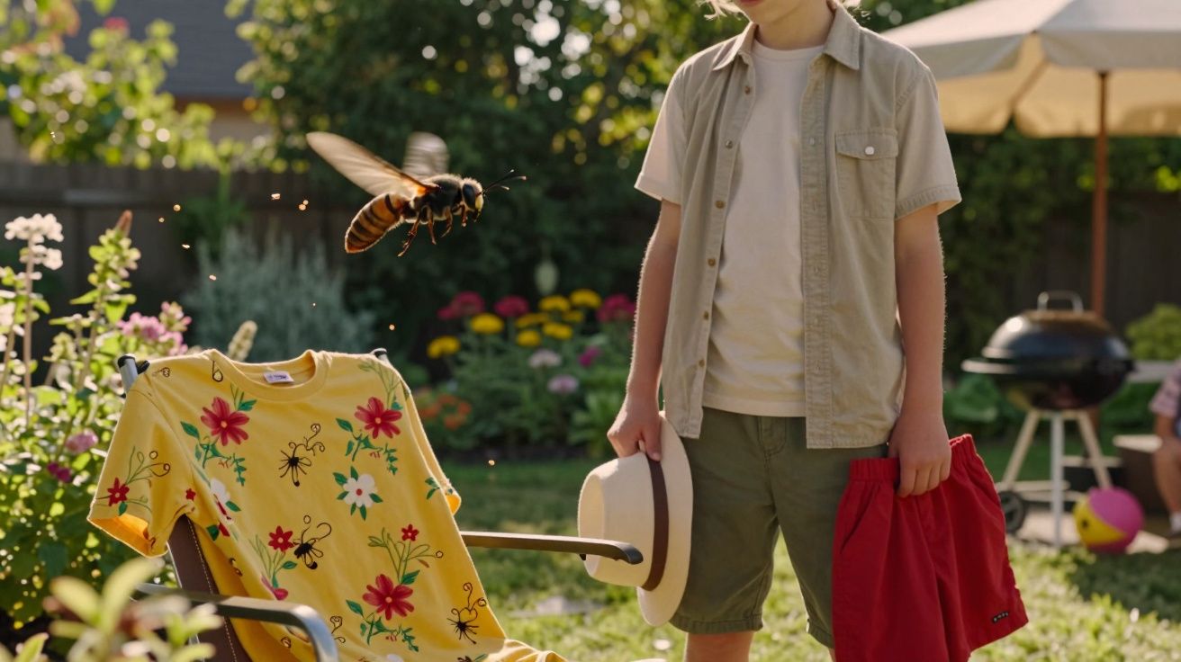 Criança de pé no jardim segurando chapéu e short vermelho, com grande abelha voando perto de camiseta amarela.