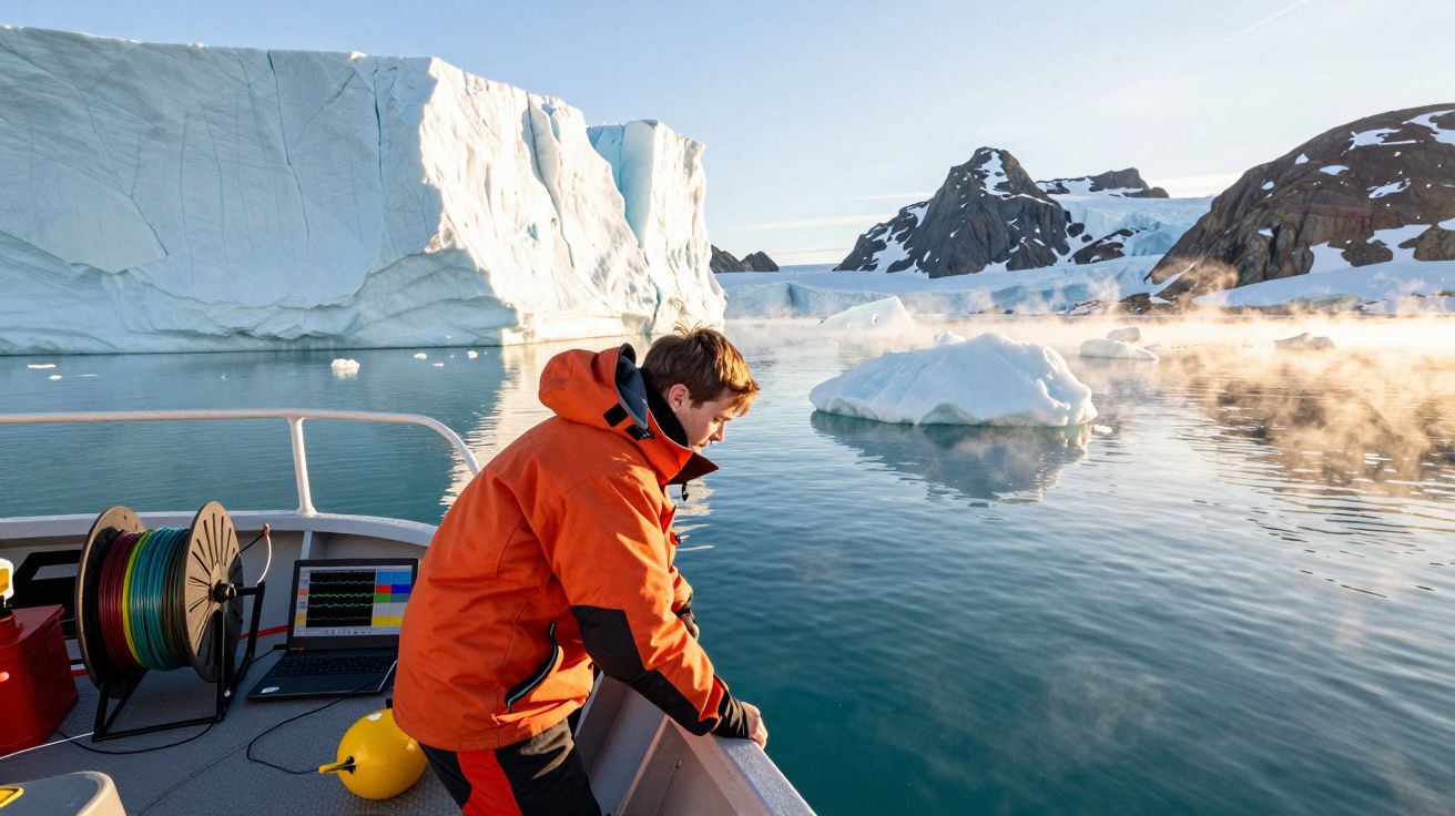 Pessoa com jaqueta laranja em barco perto de icebergues e montanhas cobertas de neve no mar gelado