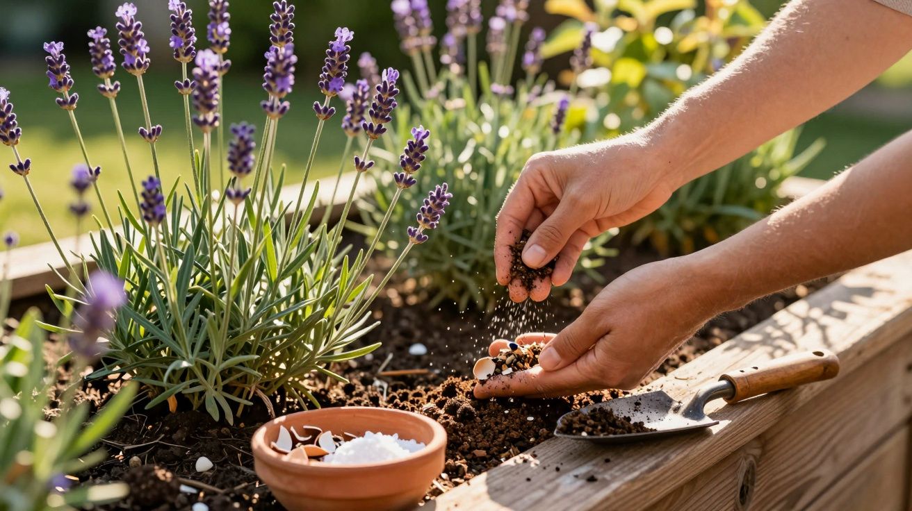Mãos semeando sementes em vaso de madeira com plantas de lavanda roxa em jardim ensolarado.