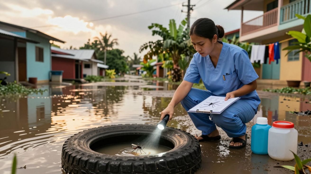 Profissional de saúde examina pneu cheio de água parada em área alagada, identificando larvas de mosquito com lanterna.