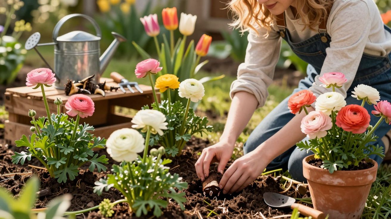Mulher jardineira plantando flores coloridas em vaso no jardim com ferramentas e regador ao fundo.