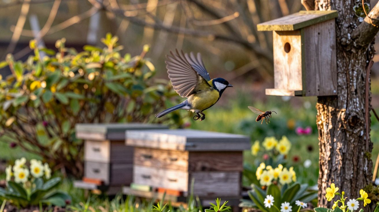 Pássaro voando perto de um vespário com flores amarelas e casa de passarinho em árvore.