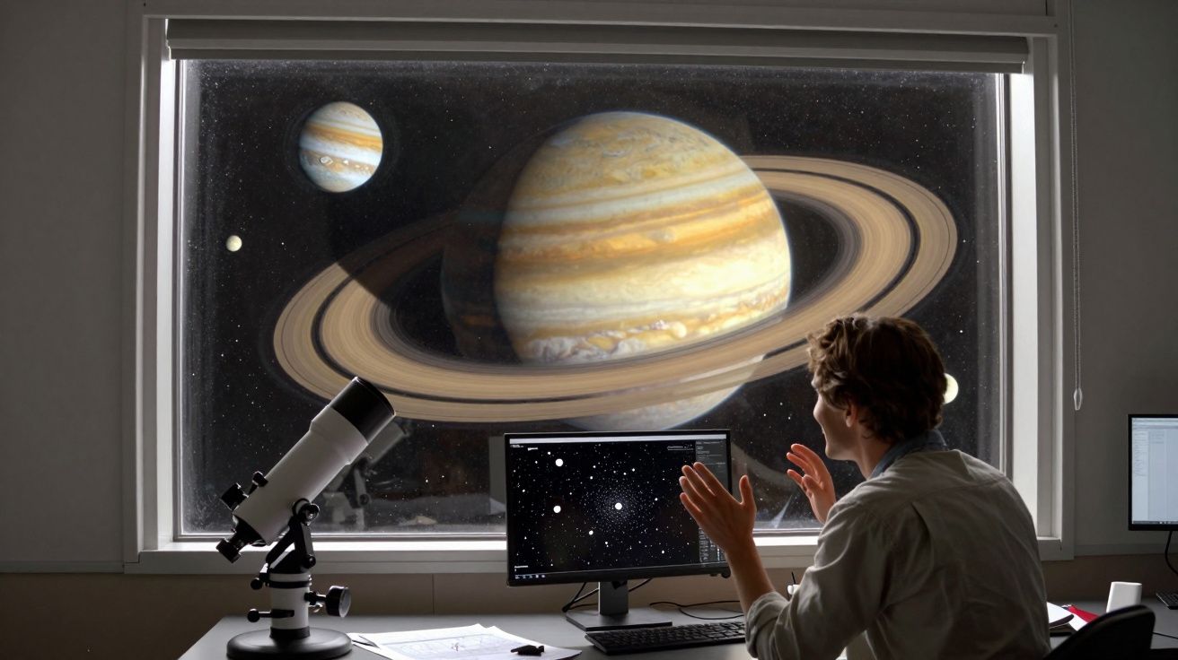 Pessoa em sala com telescópio e computador observa júpiter gigante com anéis visto por janela.