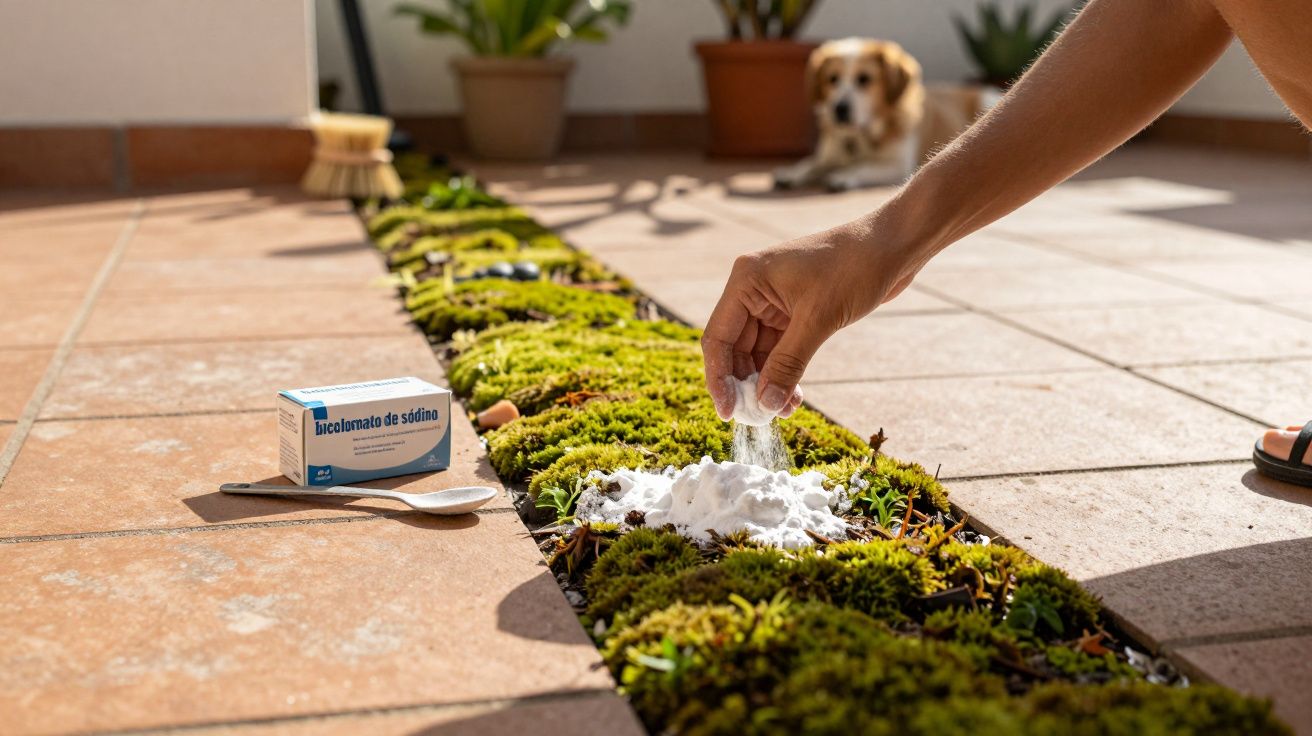 Pessoa espalhando bicarbonato de sódio sobre musgo em jardim, com caixa do produto e cachorro ao fundo.