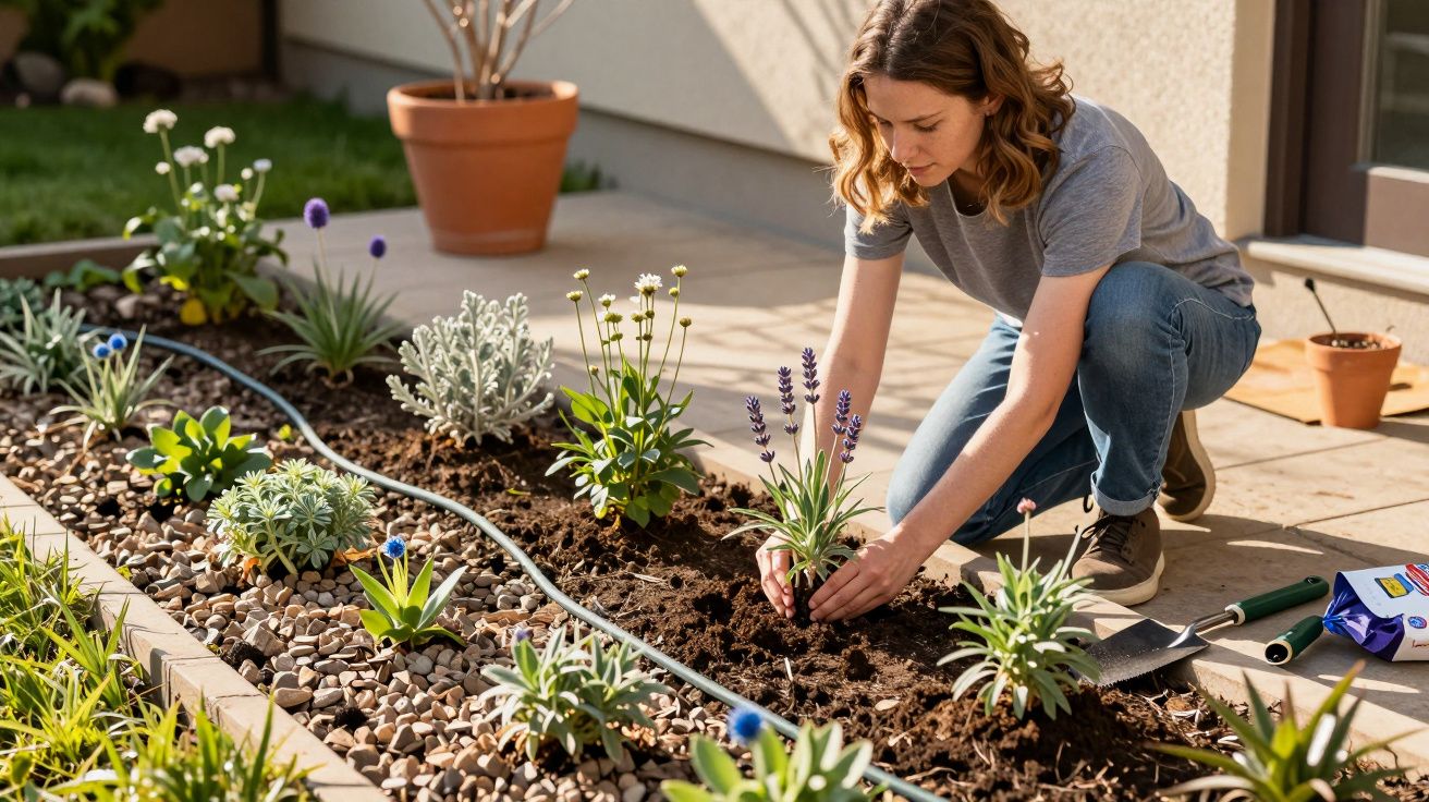 Mulher agachada plantando flores em canteiro de jardim com ferramentas ao redor em dia ensolarado.