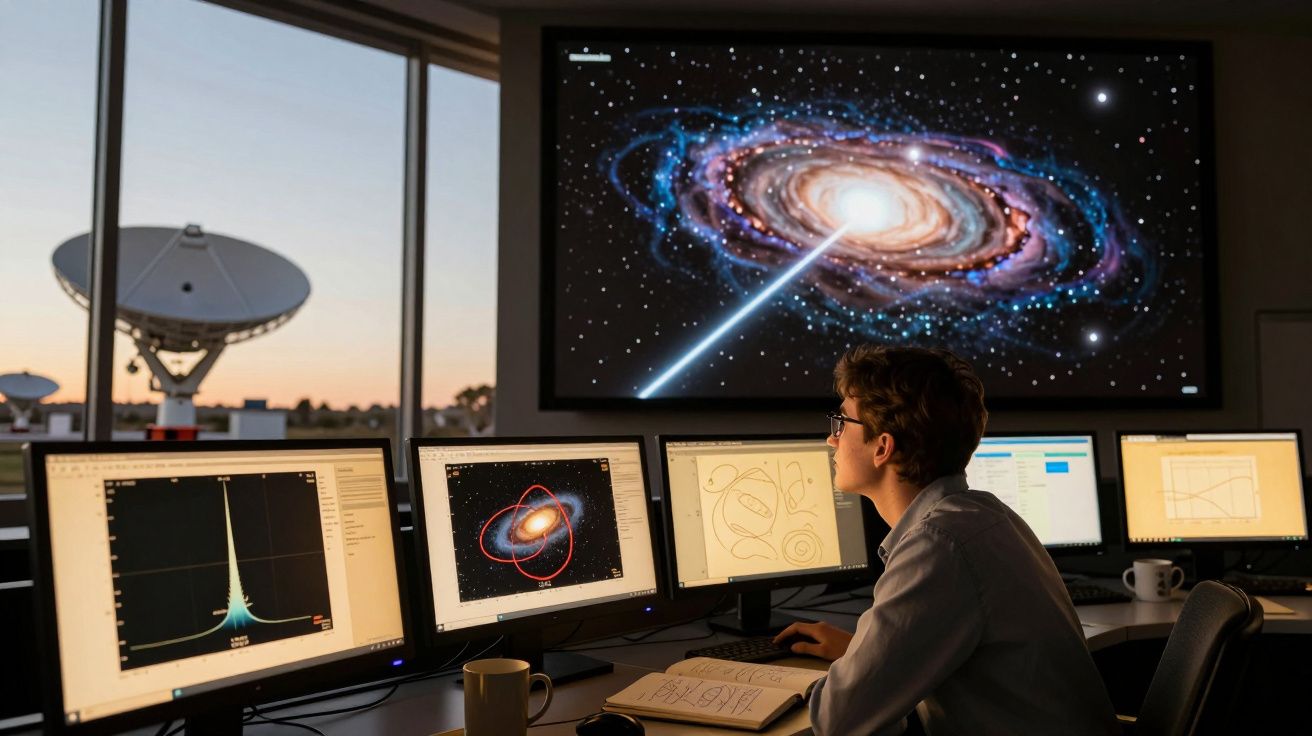Jovem cientista analisa dados astronômicos em múltiplos monitores com imagens de galáxias e gráficos.