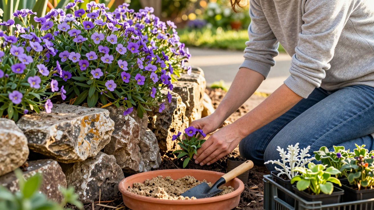 Pessoa plantando flores roxas em jardim com pedras ao redor, usando regador e ferramentas de jardinagem.