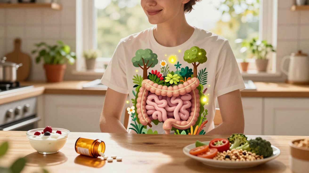 Pessoa com camiseta ilustrando sistema digestivo sentado em cozinha, com comida saudável e suplementos na mesa.