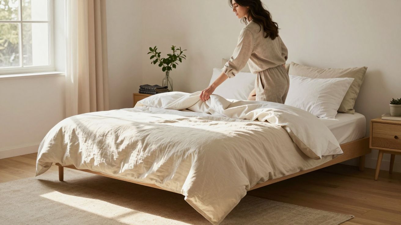 Mulher arrumando cama com roupa de cama branca em quarto iluminado pela luz natural.