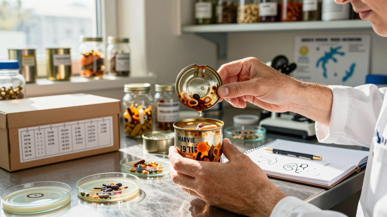 Pesquisador manipulando amostras microscópicas em laboratório com frascos e anotações ao fundo.