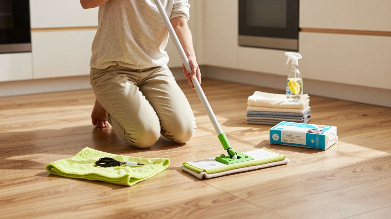 Pessoa ajoelhada limpando piso de madeira com esfregão e produtos de limpeza ao redor.