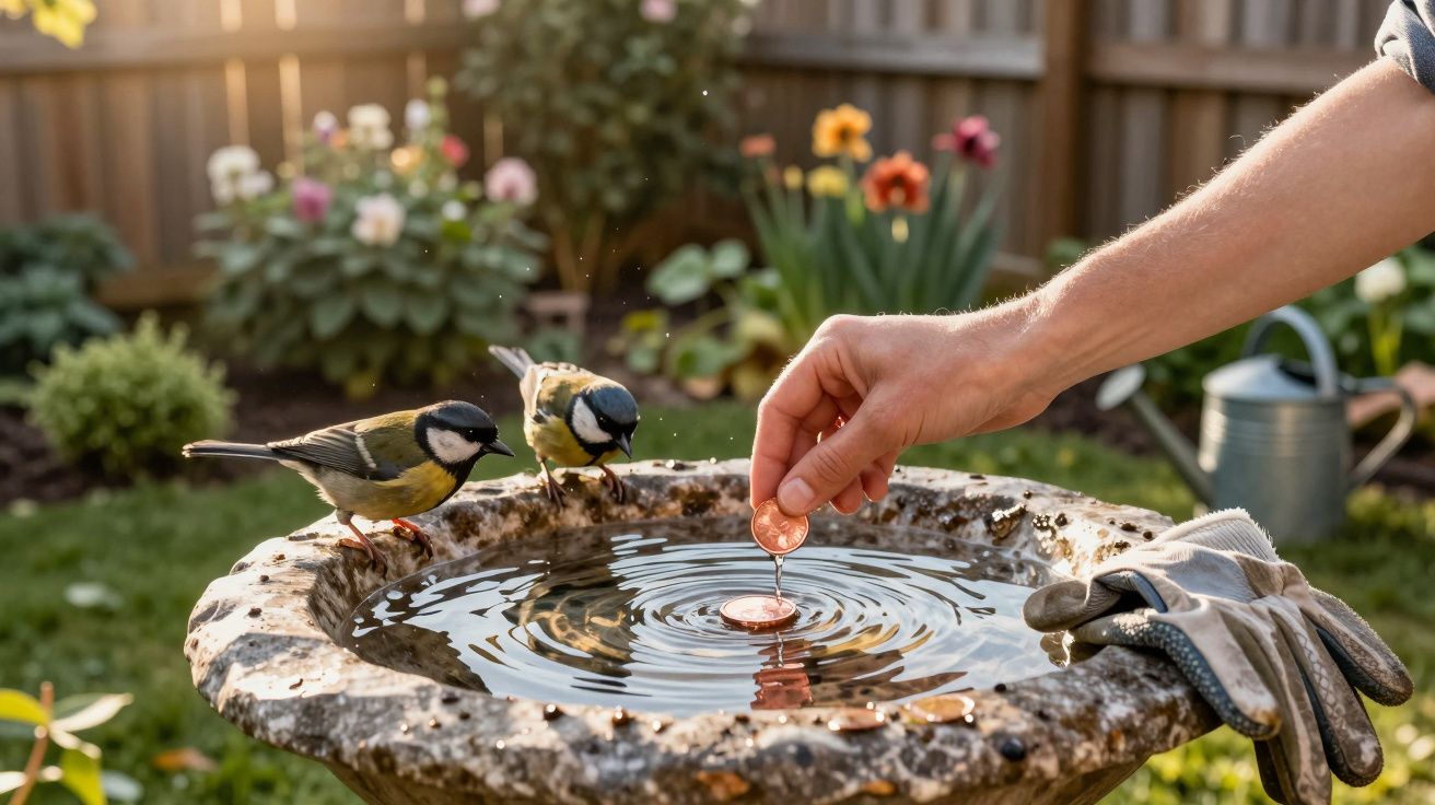 Mão colocando moeda em fonte de jardim com dois passarinhos bebendo água ao amanhecer.
