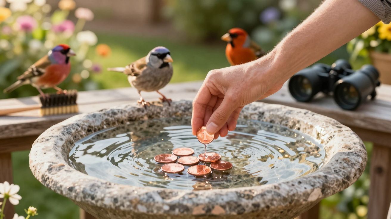 Mão colocando moedas em fonte de pedra com pássaros coloridos ao redor em jardim ensolarado.