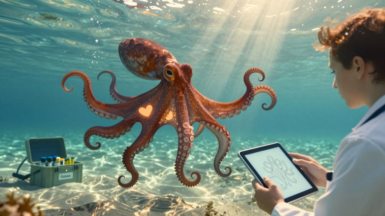 Polvo com coração brilhante interage com cientista jovem que observa em um tablet no fundo do mar.