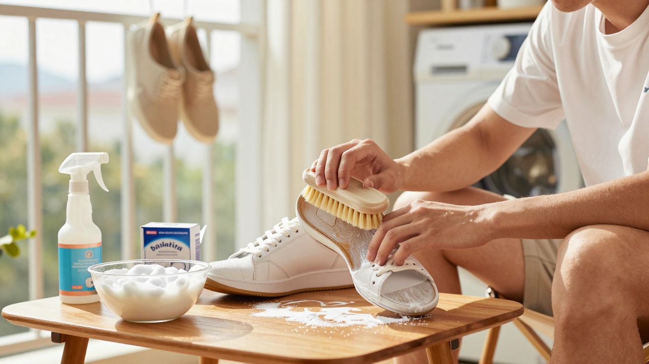 Pessoa limpando tênis branco com escova em mesa com bicarbonato, algodão e spray de limpeza.