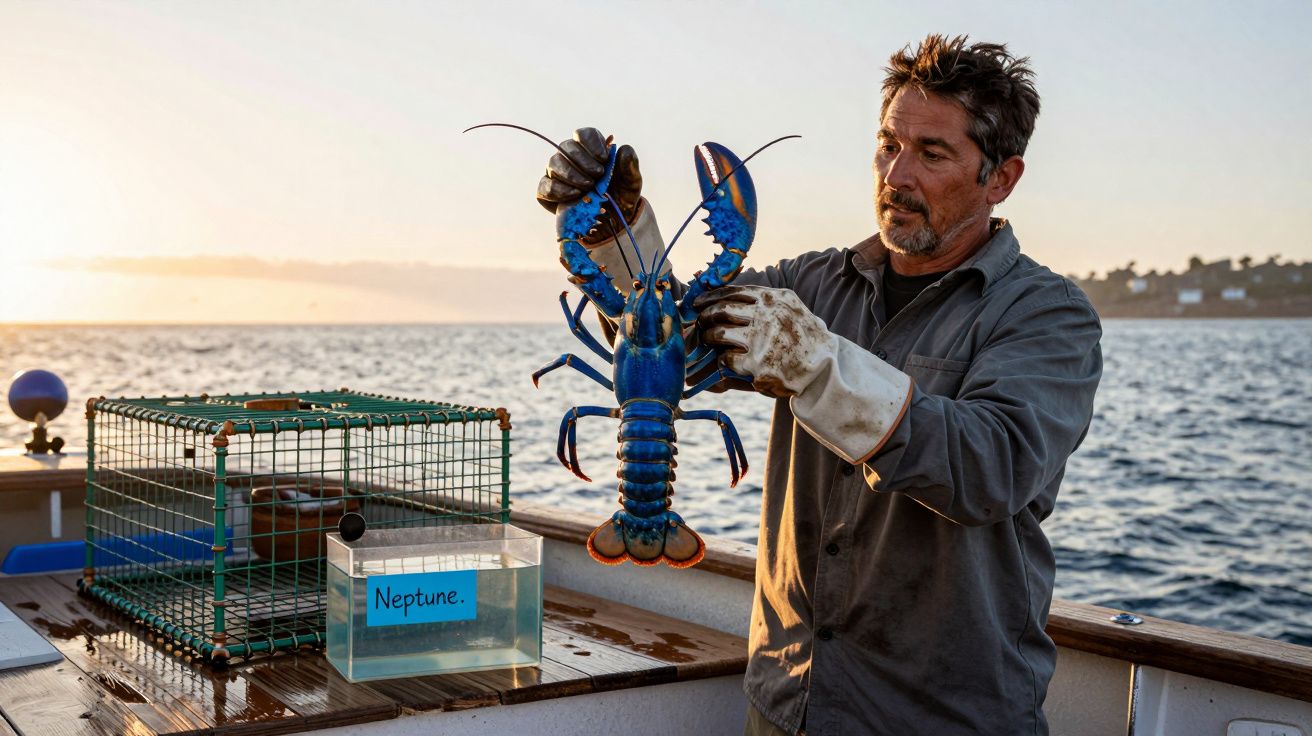 Homem segura lagosta azul em barco, com gaiola e tanque de água ao fundo no mar ao entardecer.