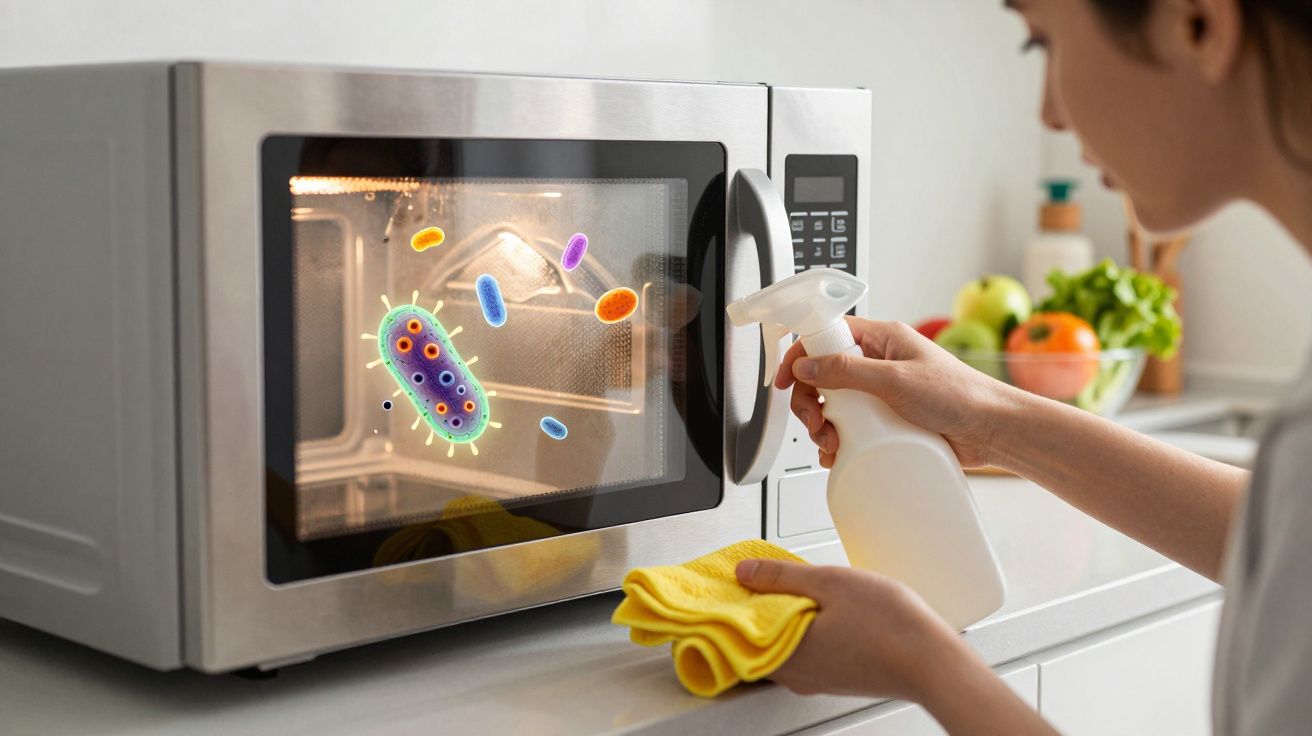 Pessoa limpando porta de micro-ondas com spray e pano amarelo, ilustração de bactérias na porta.