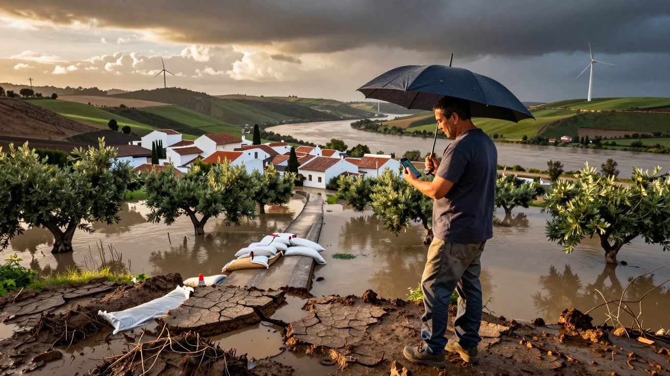 Homem com guarda-chuva observa enchente em área rural com casas alagadas e terra rachada ao pôr do sol.
