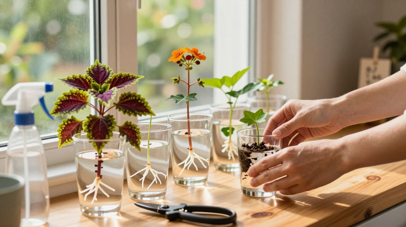 Mãos transferindo muda de planta de copo com água para copo com terra em jardim dentro de casa.